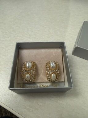 Dior Gold-Tone Crystal and Pearl Pierced Earrings